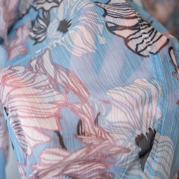 Byron Lars Pastel Blouse Blue Pink Floral Print Tie Neck Sheer Button Front SZ 2 - Picture 6 of 7